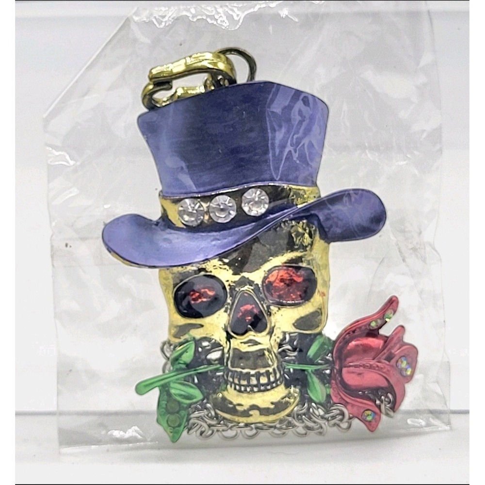 Skull Top Hat Rose Rhinestone Pendant Necklace Gothic Biker Purple Red 26in